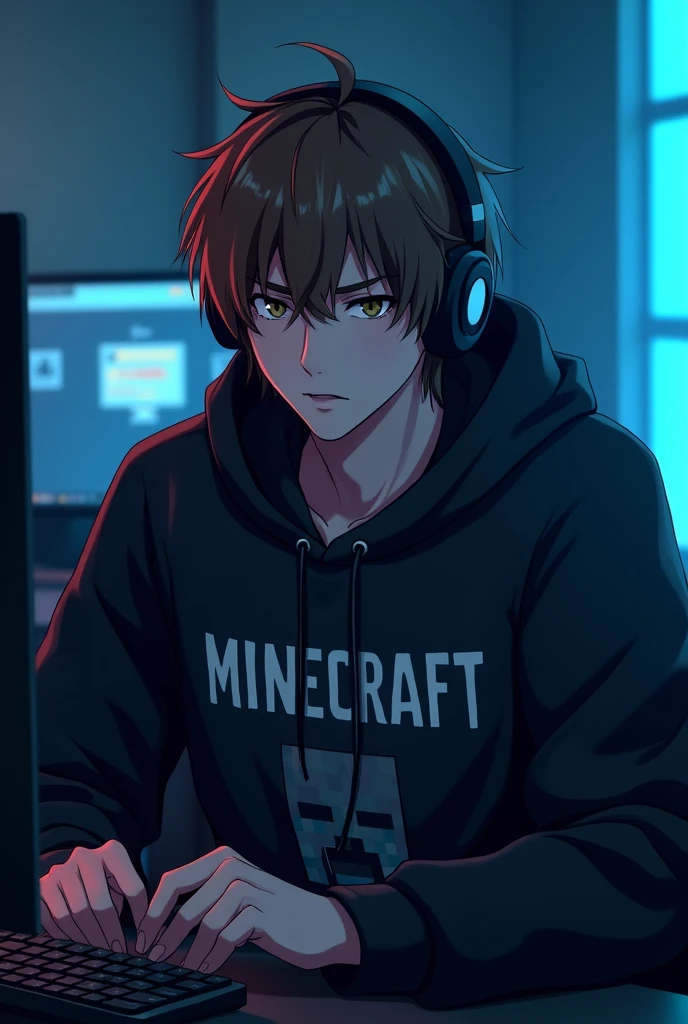 Serious and mysterious Komi San themed anime gamer boy, not so cute with headphones and brown hair, that his black Minecraft themed sweatshirt,light blue and gradient blue and with lenses on a PC Gamer