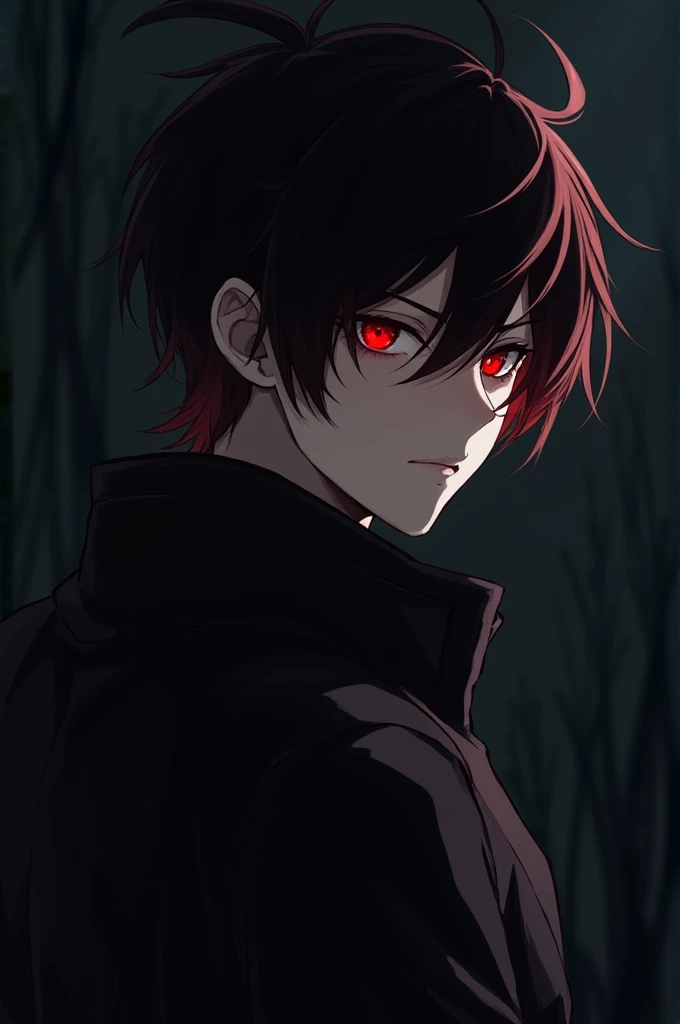 1boy, Black Red Mix Hair, red eyes, dark background, Dim lighting, Turning your back to the camera, Glancing from the right side, masterpiece