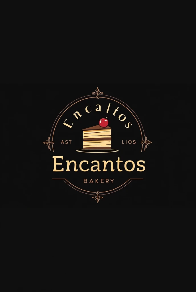 Dark round logo for an artisan bakery that sells cakes called Encantos that alludes to cake in Spanish