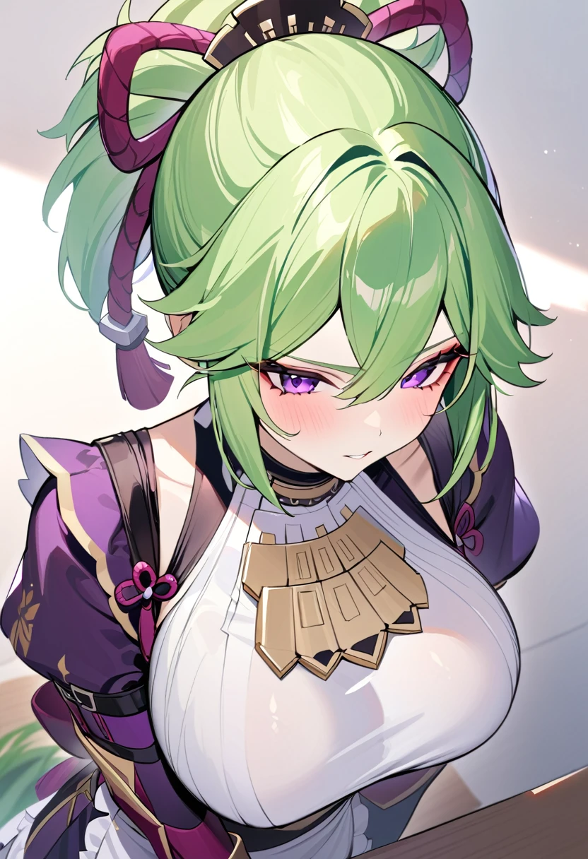 best quality, masterpiece, highres, solo, {maid:1.40}, {long maid dress:1.15}, {kuki_shinobu_genshin:1.15}, green_hair, purple_eyes, bangs, ponytail, hair_between_eyes, hair_ornament, breasts