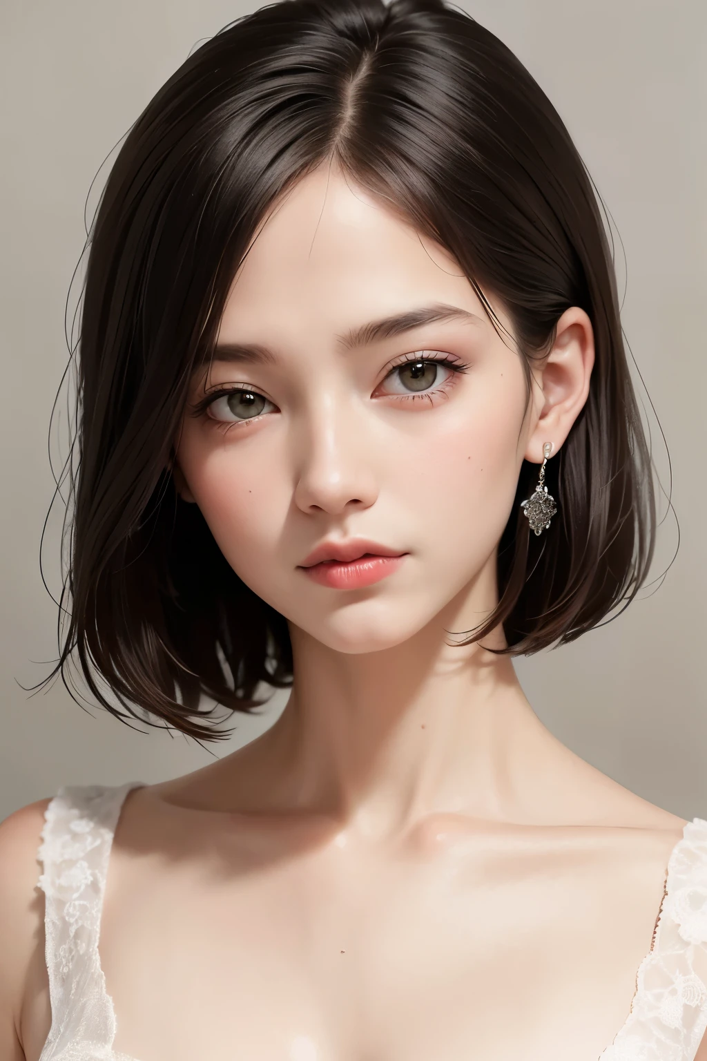 (masterpiece, Highest quality),one person&#39;s, alone, Black-haired,Realisticで全てを詳細に美しく描画する, Have, Realistic, Realistic, Looking at the audience, Light-coloured black eyes, Short brunette bob, Brown coat,, lips, prohibit, Plein Air, Upper Body、Big eyes、Beautiful view of sparkling snow lassi))、(((Short bob hair with bangs:1.4、Shiny Hair、prohibit:1.4、Big eyes、large full chest、Highlights the eyes、Gazing at the audience、Beautiful beauty、Listen carefully、Long neck、Laugh a little、smile、Ideal body type)))、{Huge|big|Hugeな|Mega} chest:2, chestの谷間:2、大きなchestの谷間を見せる