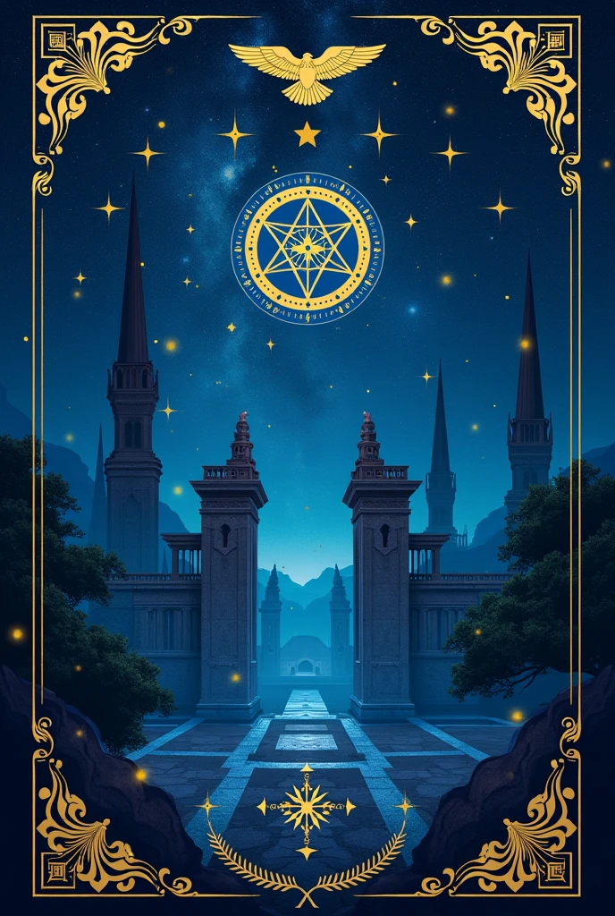An indigo blue casing with yellow stars all over the cover with celestial towers, an ancient Greek clock symbol and an owl symbol in the picture
Cover in novel