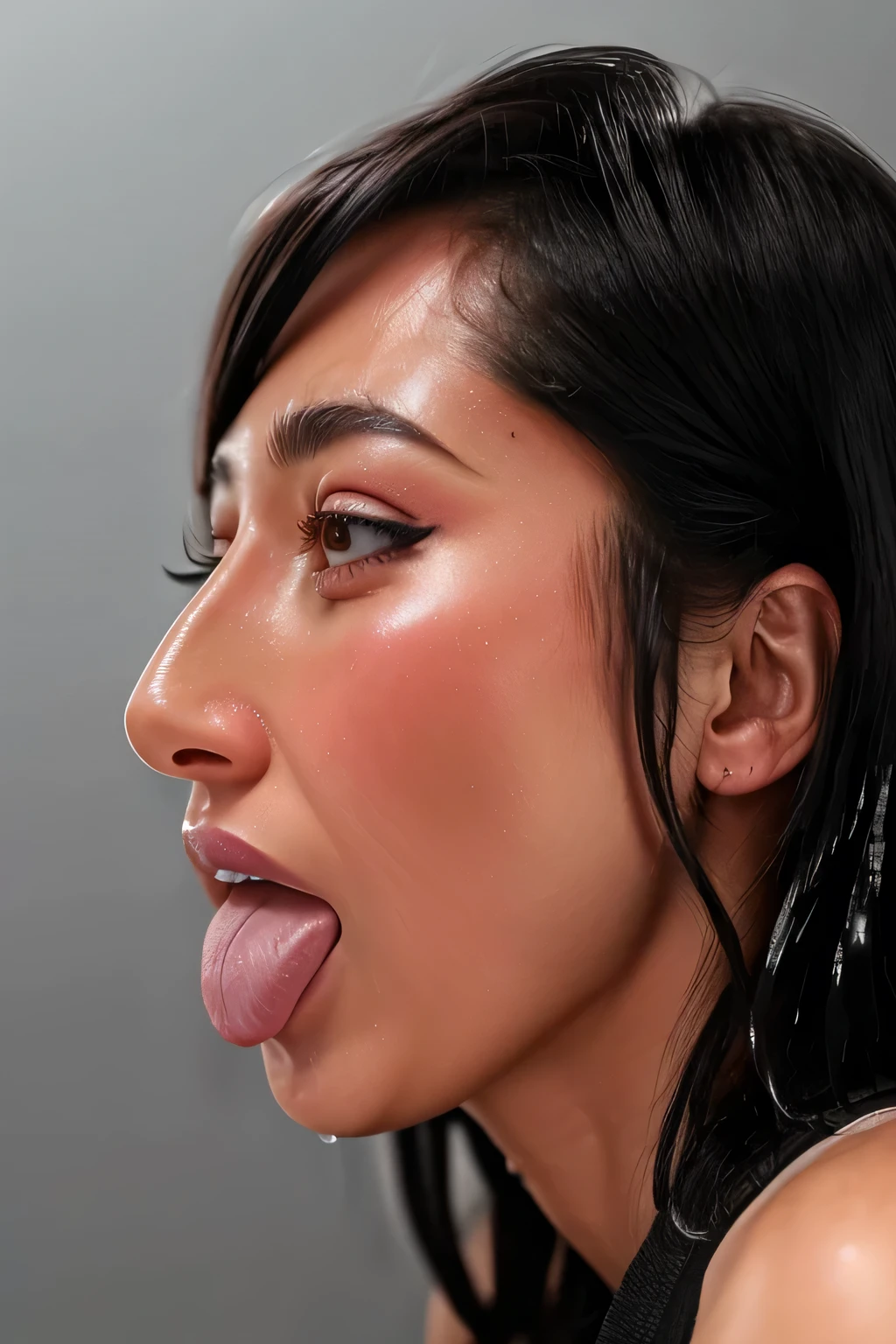 extremely detailed, high quality, realistic, photorealistic, 8k, masterpiece, full body, glowing dark skin, ebony girl, short black hair, shaved hair, beautiful face, huge eyelashes, pink lipgloss, sweaty, cum on body everywhere, sucking on a huge and thick veiny white cock, dick in mouth, blowjob, sloppy, cumshot, cum on face, crying, open mouth, hyper big plastic mouth, bimbo face, cumshot, drooling, saliva, squirt, Large plump Bimbo lips, face pov
