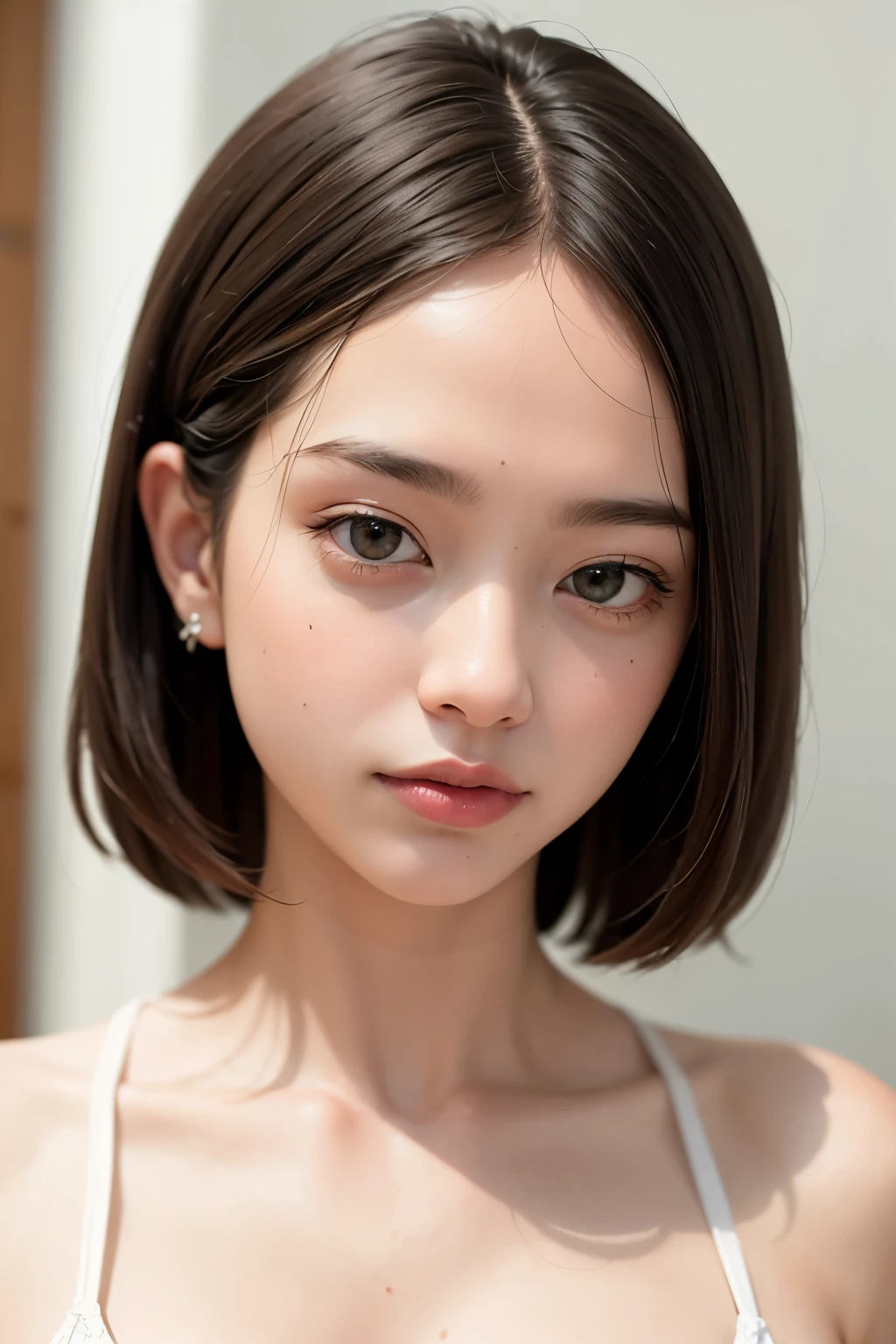 (masterpiece, Highest quality),one person's, alone, Black-haired,Realisticで全てを詳細に美しく描画する, Have, Realistic, Realistic, Looking at the audience, Light-coloured black eyes, Short brunette bob, Brown coat,, lips, prohibit, Plein Air, Upper Body、Big eyes、Beautiful view of sparkling snow lassi))、(((Short bob hair with bangs:1.4、Shiny Hair、prohibit:1.4、Big eyes、large full chest、Highlights the eyes、Gazing at the audience、Beautiful beauty、Listen carefully、Long neck、Laugh a little、smile、Ideal body type)))、{Huge|big|Hugeな|Mega} chest:2, chestの谷間:2、大きなchestの谷間を見せる