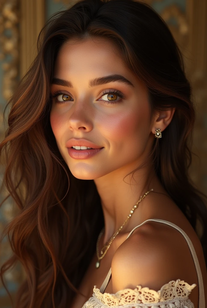 (photorealism:1.2), Beautiful girl 22 years old (facial features: has a harmonious and symmetrical face, with soft and radiant skin. His eyes are big, of a tone between amber and honey, that seem to glow with a natural warmth. His gaze is penetrating but serene., capable of transmitting a mixture of sweetness and mystery.hair: Her hair is long and abundant, of a dark brown color with golden highlights, that fall in soft waves to the middle of her back. It is silky and well cared for, He often wears it loose, letting it flow freely, although sometimes she gathers it in an elegant bun or a simple braid.body: She has a voluptuous and curvy figure. She is tall and well proportioned, with pronounced hips and a generous bust that gives her a feminine and powerful presence. Her curves are natural and striking, but always maintains an innate elegance in his bearing.fur: Her skin is smooth, with a warm and slightly tanned tone, that complements your hair and eyes, giving it a healthy and vibrant look.smile: She has a dazzling and captivating smile, with perfectly aligned and white teeth. Your smile has the ability to light up any room and put others around you at ease.. style: dresses with elegance and good taste, preferably in warm colors that enhance your skin tone. She prefers dresses that accentuate her curves without being too revealing., Always striking a balance between sexy and sophisticated. She usually complements her look with delicate jewelry., like necklaces and earrings that highlight her face.)