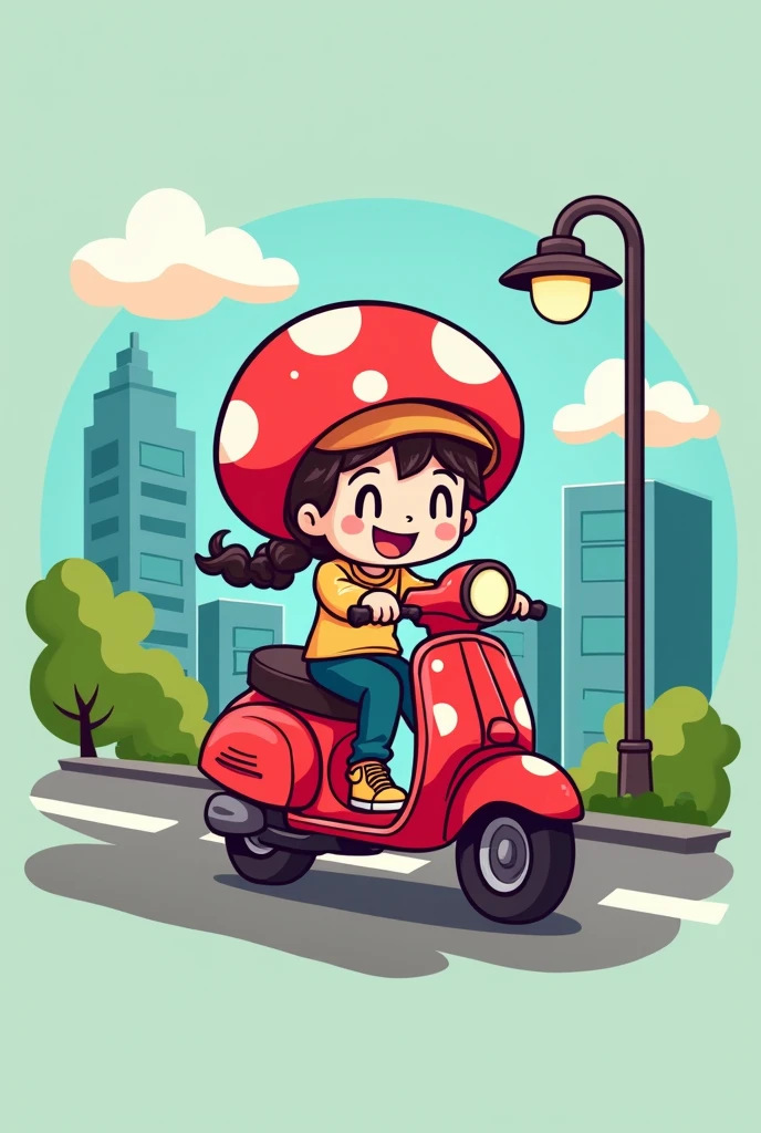 LOGO name. KABUTE . mushroom helmet,motorcycle CUTE rider guy with Honda click scooters red motorcycle,the back ground in the city,