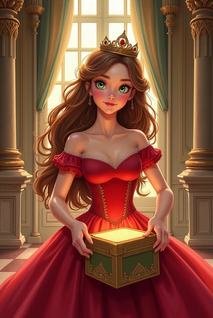 Book drawing of a princess with bronze hair and green eyes opening a box and taking out a beautiful new red dress inside a castle full body drawing
