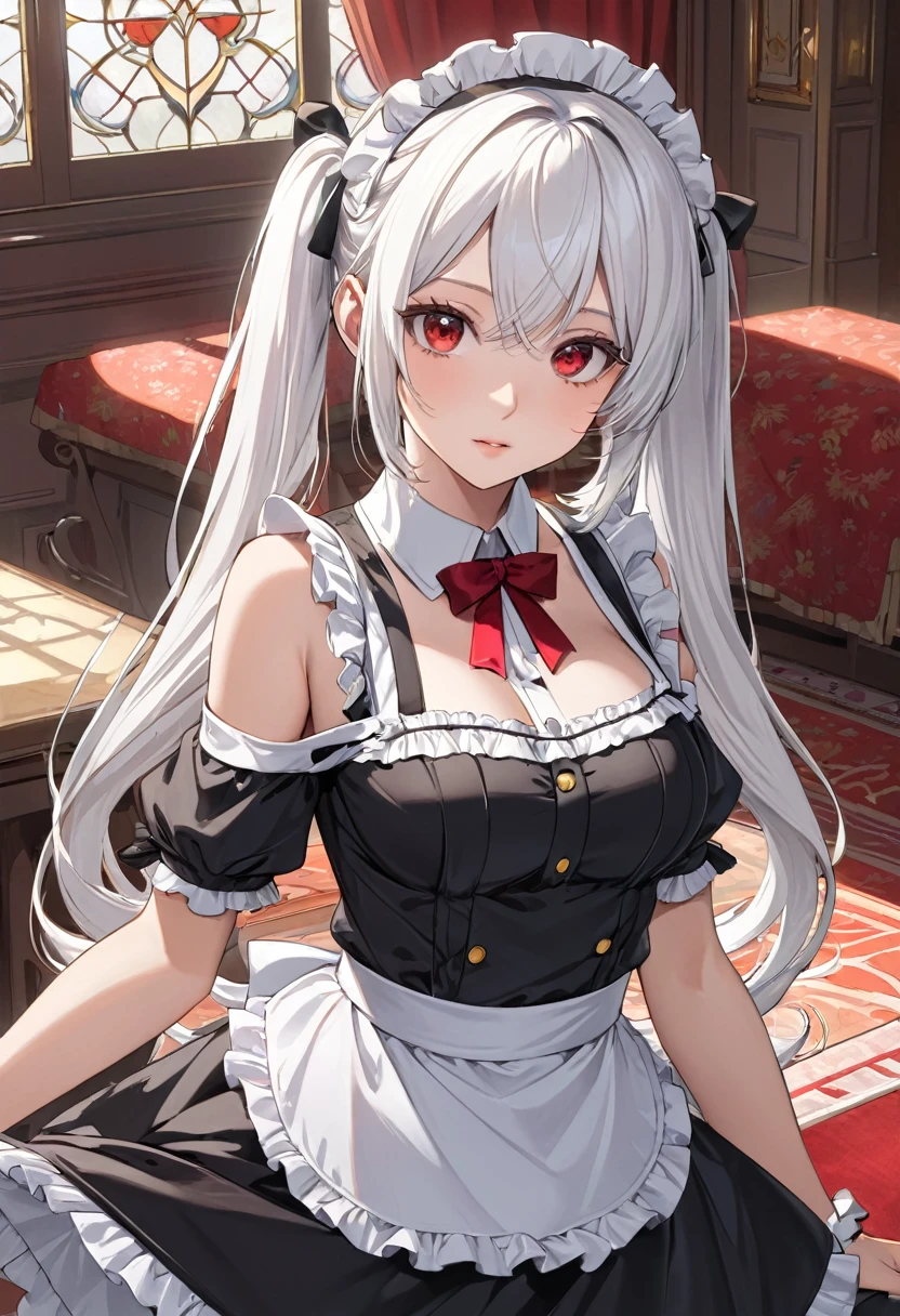 One girl, White hair,twin tail,long hair,maid's outfit,cold shoulder,red eyes,(((masterpiece))), (((best quality))), ((ultra-detailed)), (illustration), (detailed light),((an extremely delicate and beautiful)),(beautiful detailed eyes),