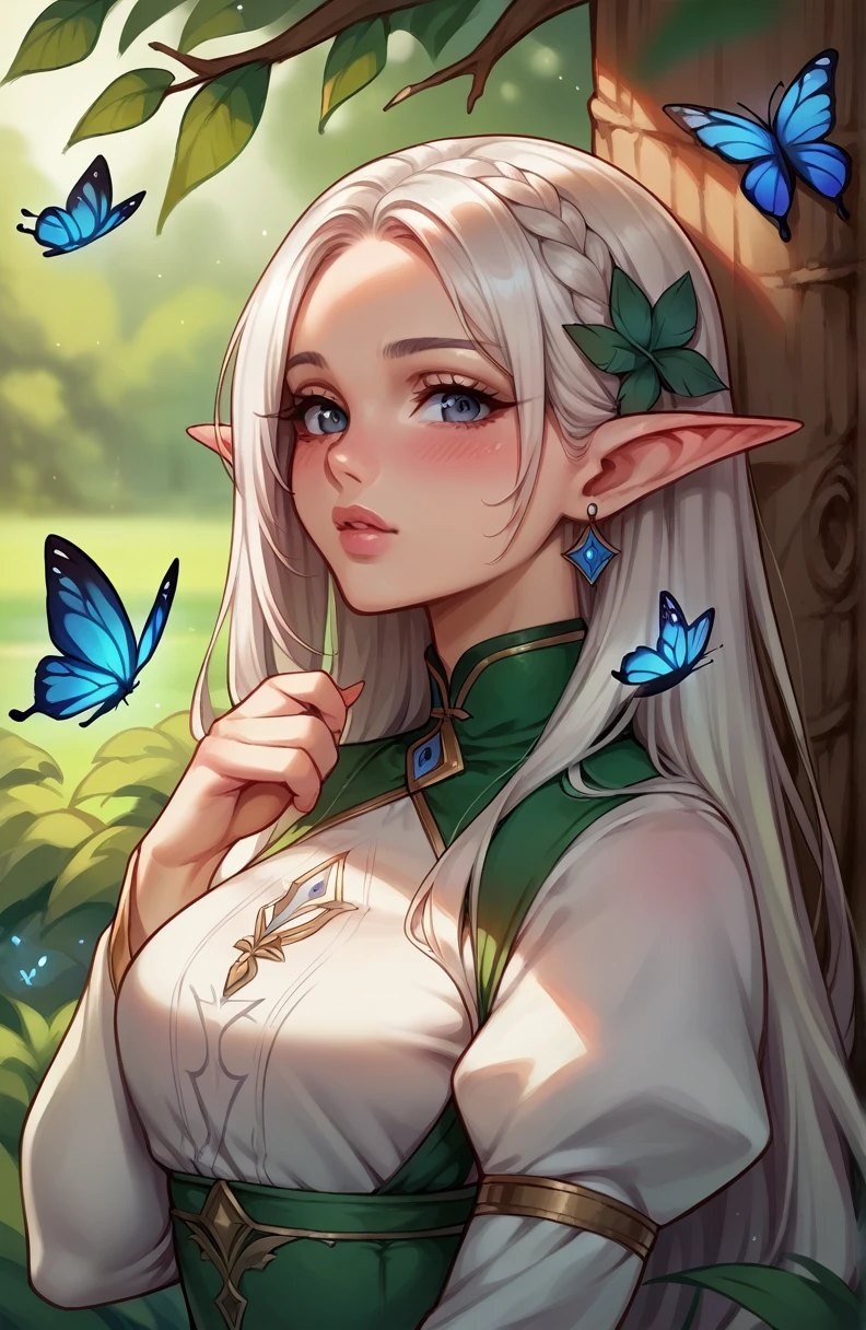 score_9,score_8_up,score_7_up,score_6_up,score_5_up,score_4_up source_safe, 1girl,solo,long hair,looking at viewer,blush,hair ornament,long sleeves,dress,jewelry,upper body,braid,white hair,earrings,outdoors,pointy ears,puffy sleeves,tree,lips,leaf,sunlight,bug,elf,butterfly,nature,forest