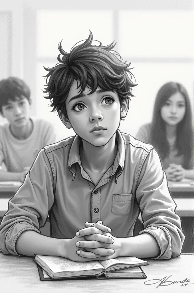 Sketch of a senior high school student sitting in class while thinking of online games