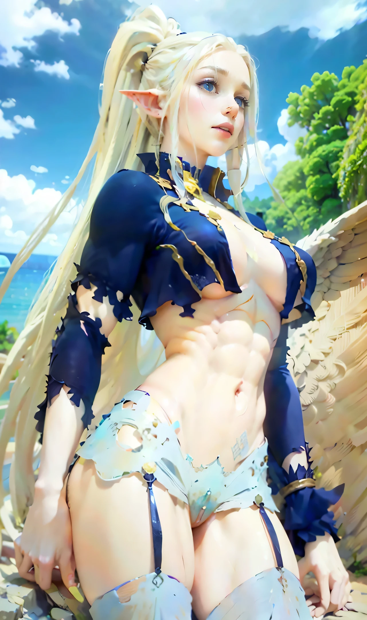 Naked elf angel, with sculptural body, big naked breasts, naked vagina, muscular body, silver hair, blue eyes, perfect image, paradise landscape