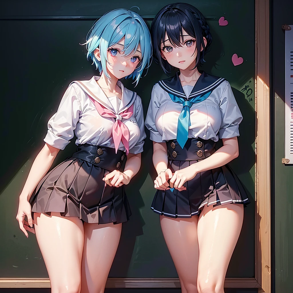 ((One Girl:1.4)),(masterpiece, Highest quality), ayanami,Are standing,((Looking into the camera)),(((Blue Hair)))、(((Berry Short))),(((I can see your chest))),(Nipples are visible), Leiayanami, Rei Ayanami, whole body、I can see your thighs、classroom、Sit on a chair、Large Breasts、
blue dress, mini skirt、dress, neck ribbon, pinafore dress, ((red ribbon)),ribbon, , Short sleeve, short-sleeved sweater, sweater,Beautifully detailed face、Rear View