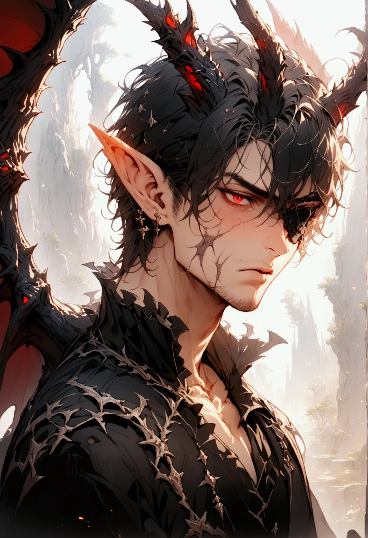 (masterpiece), highest quality, Expressive eyes, Perfect Face, male, black Hair, red Eyes, dragon Ears, Black Suit, Black trousers, Portraiture,, good looking, Apathetic and tired, dragon horns, dragon tail, bruised, full body, collar on neck, manly, muscular, full body shot, eye patch, fantasy garments, large dragon wings