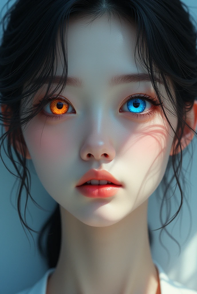 A beautiful Korean woman with one orange eye with cat pupil and one blue eye 