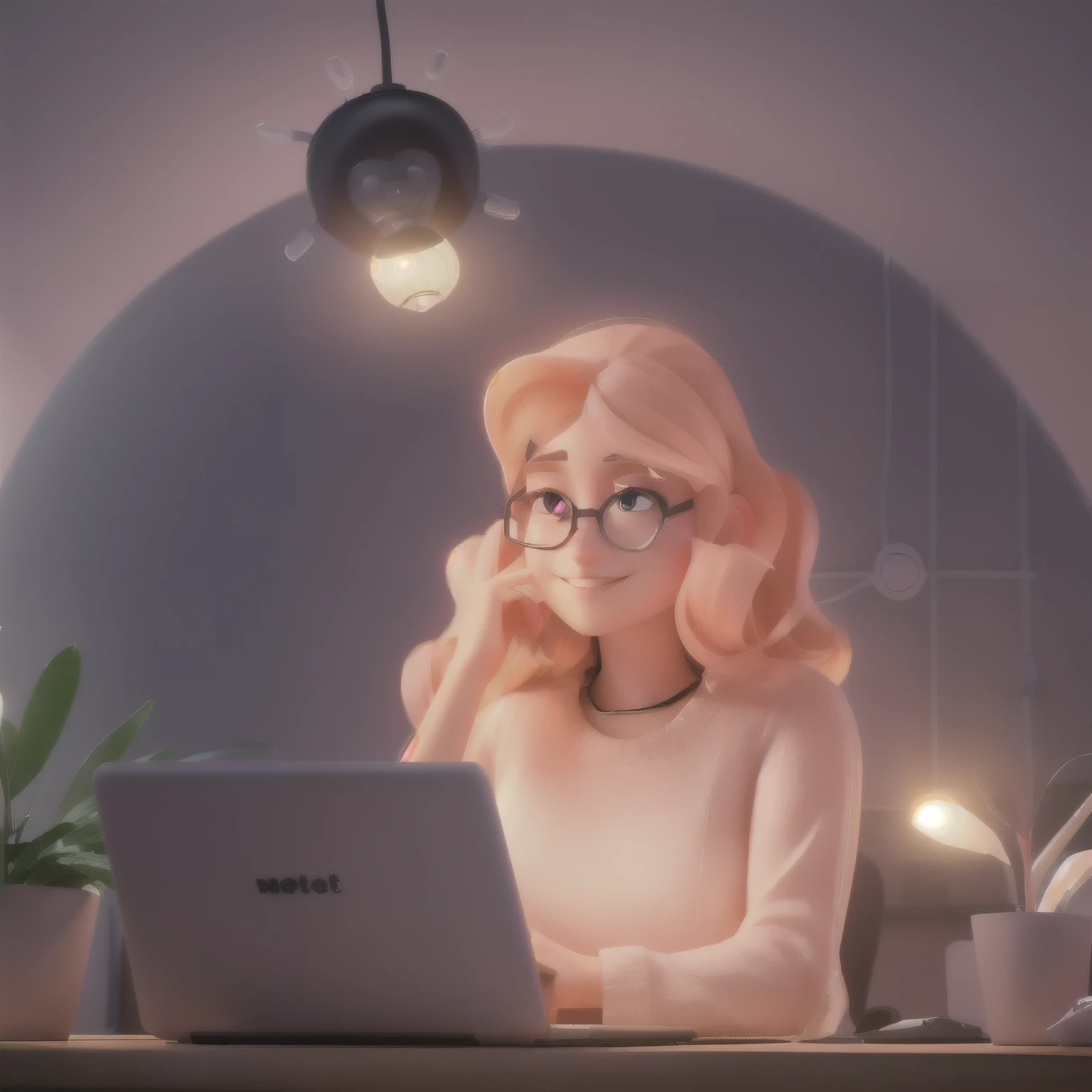 A woman sitting at a table,There is a laptop and a light bulb overhead,3d illustration,3D Rendering