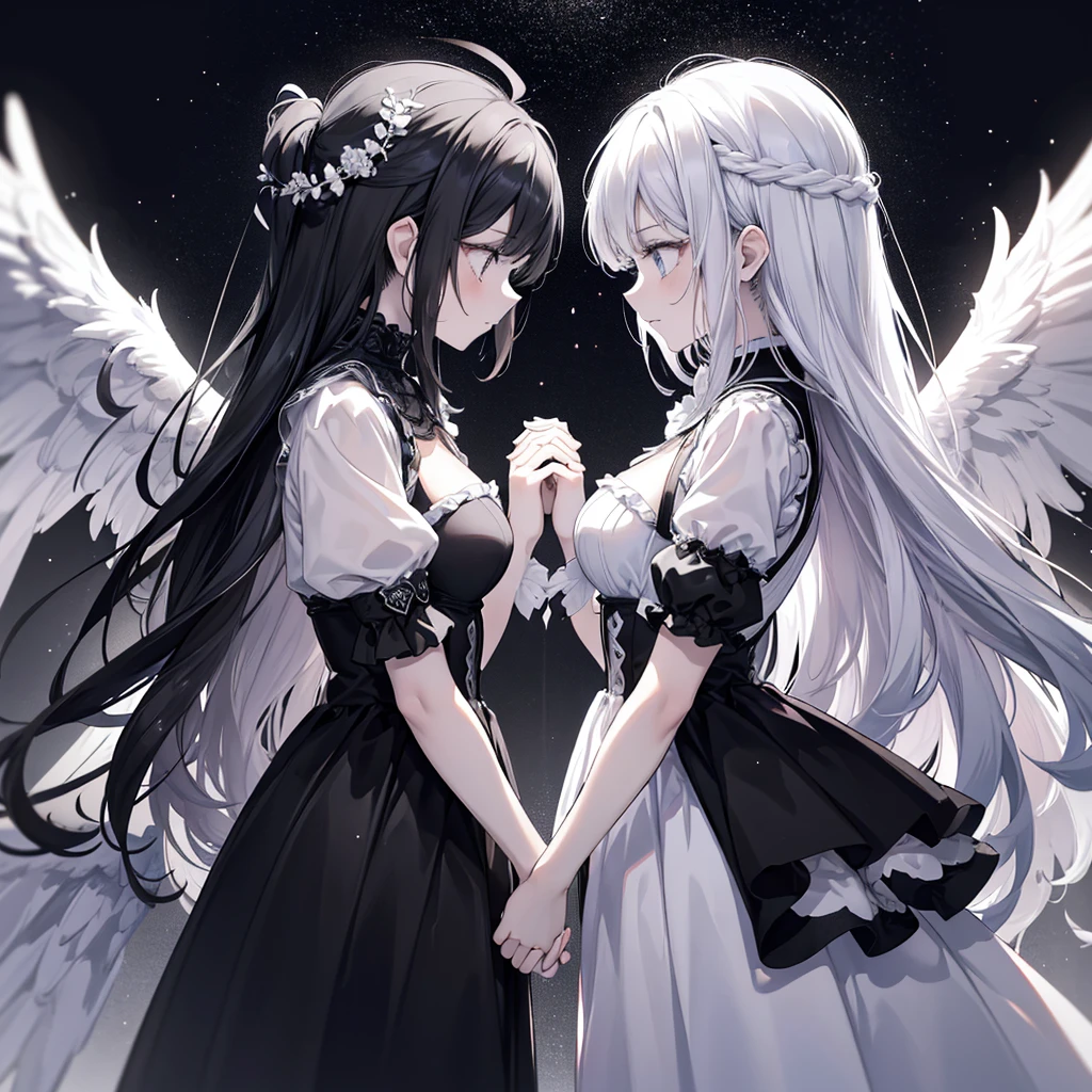 Two Women((Facing each other,Put your hands together)) background((Center Part,Black and White,1：1)) Parallel world,Anime-style archangel of despair and happiness,Contrasting Fallen Angels