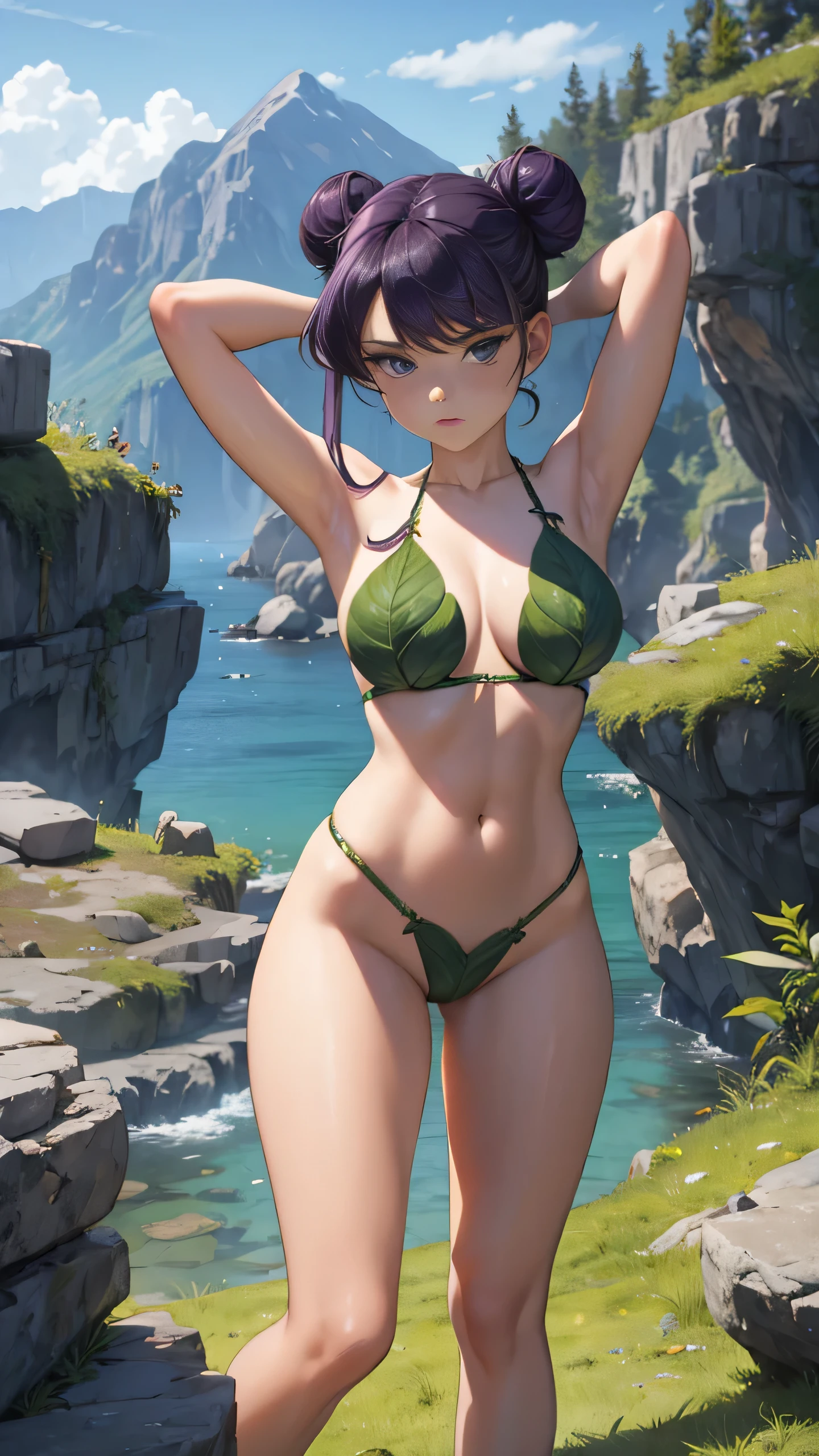 (masterpiece), best quality, expressive eyes, perfect face, 1girl, solo, tomboy, mature female, big breasts, long hair, Cleavage, purple hair BREAK hair buns, double buns, blue eyes BREAK leaf bikini, :/, glaring, arms up, arms behind head, standing, mountains, rocky landscape, rocks, wasteland, bare legs