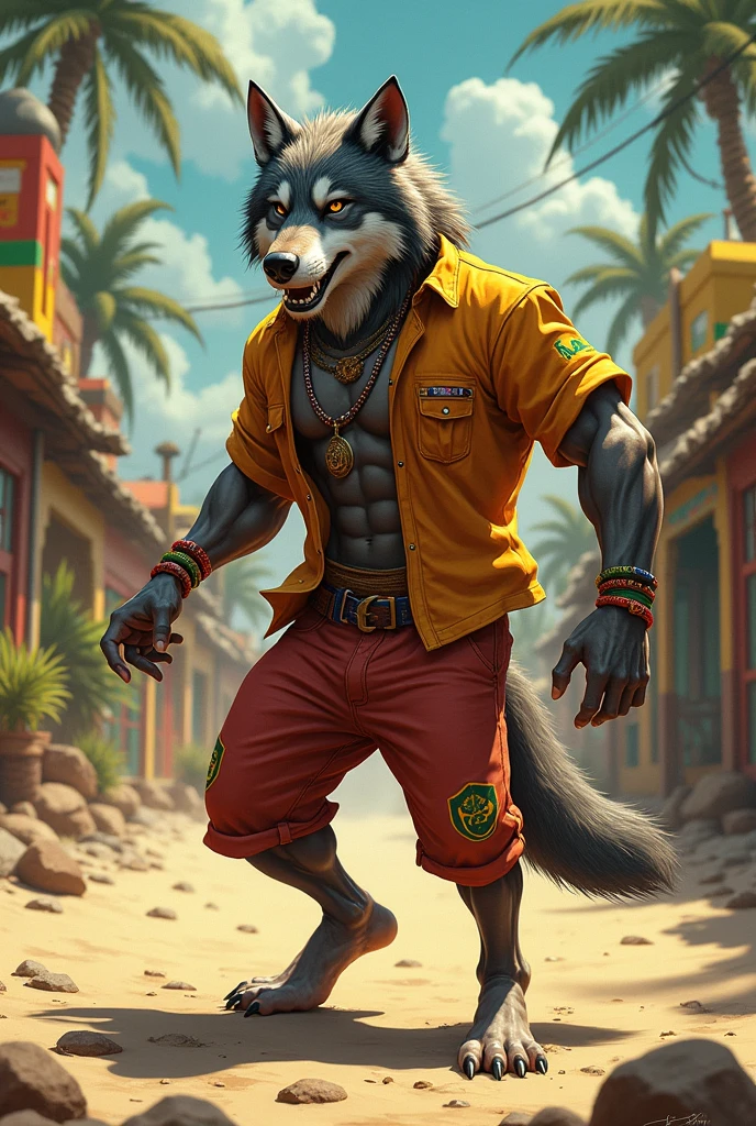 A muscular wolf in reggae clothes dancing reggae
