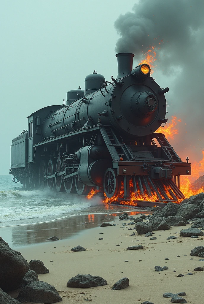 (Illustration) vapor train, crashed on beach, destroyed, on fire, outdoors, soft lighting, sea in background, realistic, intricate details, cold colors