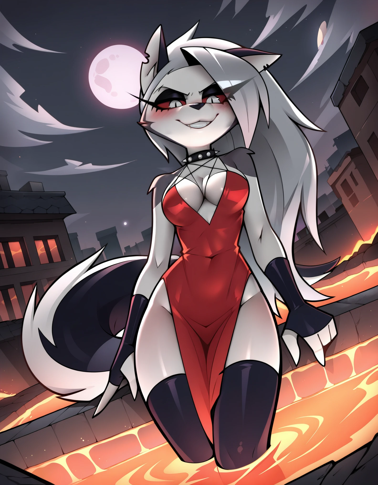 score_9_up, score_8_up, score_7_up, rating_explicit, furry, anthro, solo, loona(jizokumode), hellhound, red sclera, white eyes, female, fur, grey hair, hair, white body, white fur,, source_anime, (1girl, solo), uncensored, perfect body, slim, thigh highs, fingerless gloves, anthro, furry, pose, cleavage, blush, evil smirk, hell, lava, buildings in background, full moon, sexy pose, sexy red gown Loona \(Helluva Boss\),