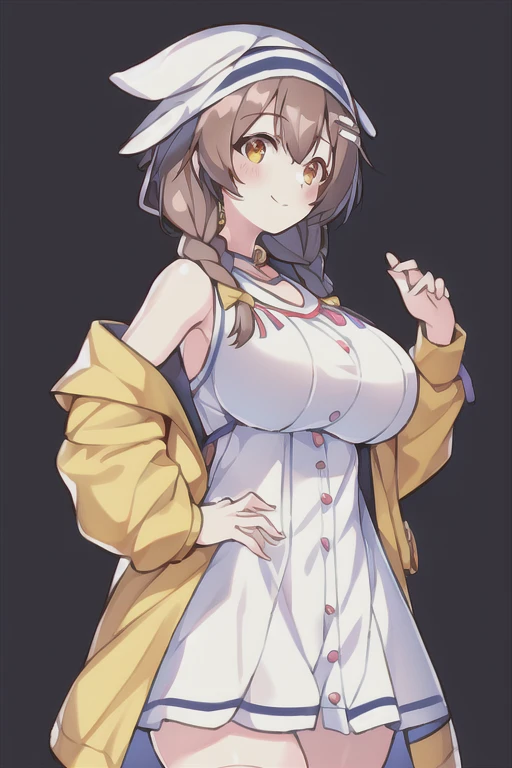 1girl, Korone, smile, dog ears, twin braids, sidelocks, hair ornament, ((white dress)), yellow jacket, dress, jacket, open clothes, open jacket, short dress, sleeveless dress, huge breasts, thick thighs, tall, tall female, mature female, bandana, scarf, hourglass figure, standing, ((bandana))