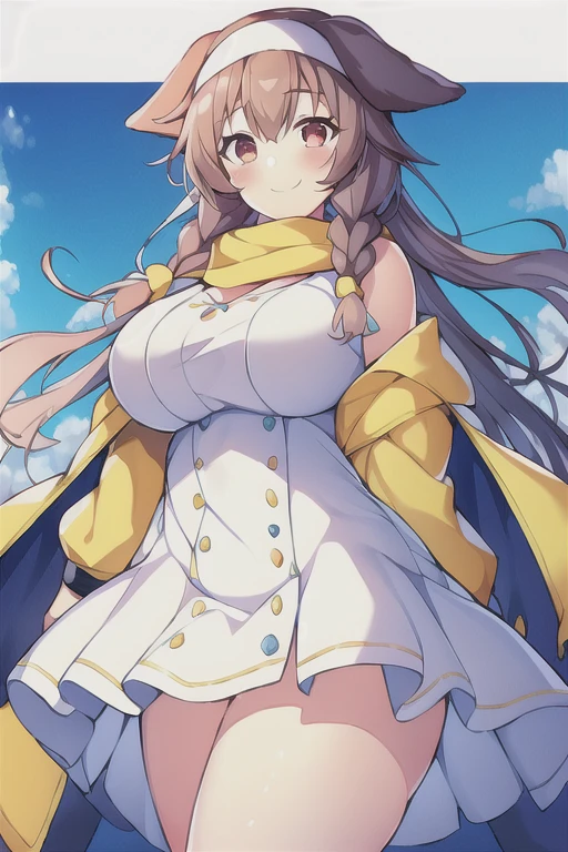 1girl, Korone, smile, dog ears, twin braids, sidelocks, hair ornament, ((white dress)), yellow jacket, dress, jacket, open clothes, open jacket, short dress, sleeveless dress, huge breasts, thick thighs, tall, tall female, mature female, bandana, scarf, hourglass figure, standing, ((bandana))