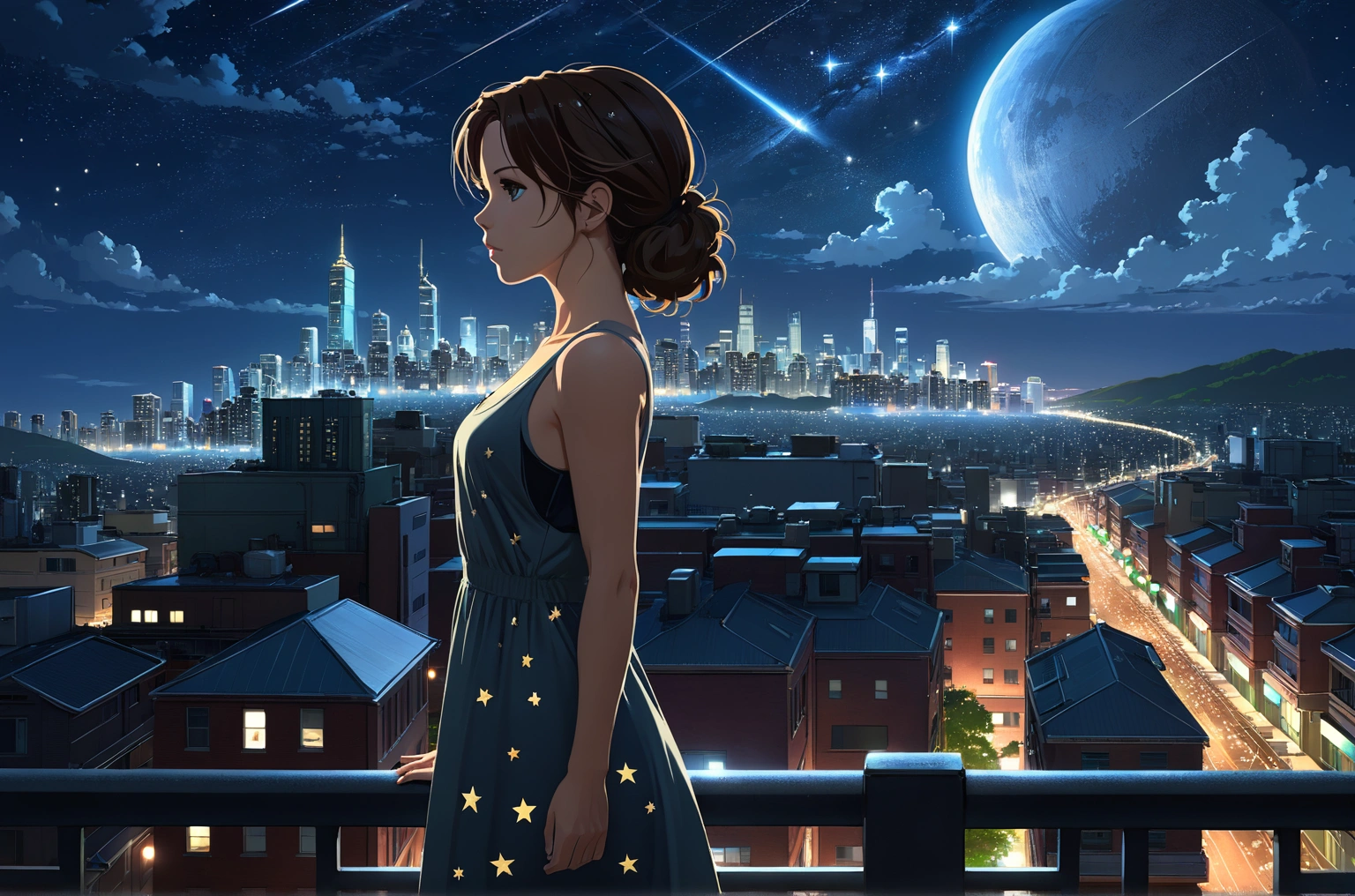 Uses Makoto Shinkai's depiction perfectly,Portrait of Kate Beckinsale,8k 4k masterpiece photo、Beautiful in profile、Standing alone、Cityscape、Buildings、night、There are many stars in the sky、Wearing a tank top dress