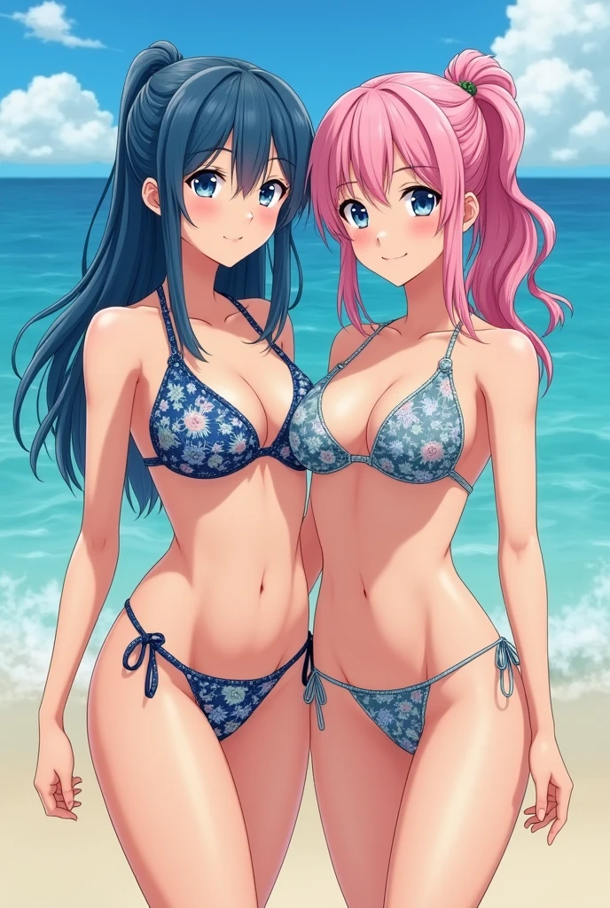((paisley bikini)),two japanese girls , one is blue hair another is pink hair,18 years old , cute face ,cleavage between breasts,large breasts,cute face, ponytail ,wave hair,darkcyan eyes,beach,masterpiece, extremely fine and beautiful,gravure,wet body,wet hair,embarrassed,upturned eyes,nsfw,Hourglass figure