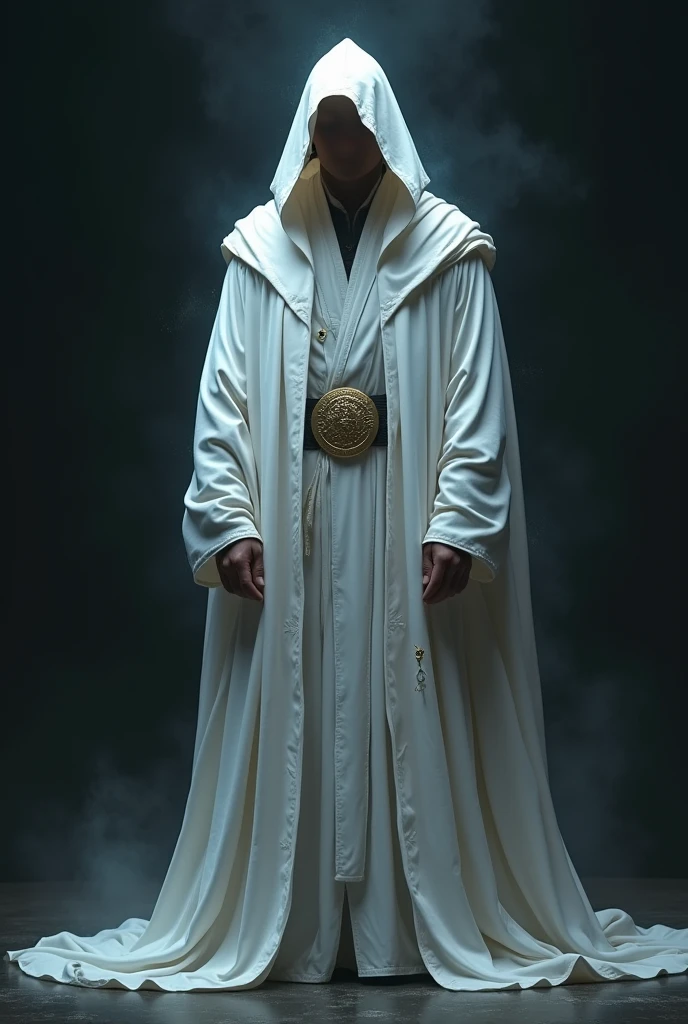 A realistic image,  mystical magician in white robes, de capuz, Seriously, black backdrop