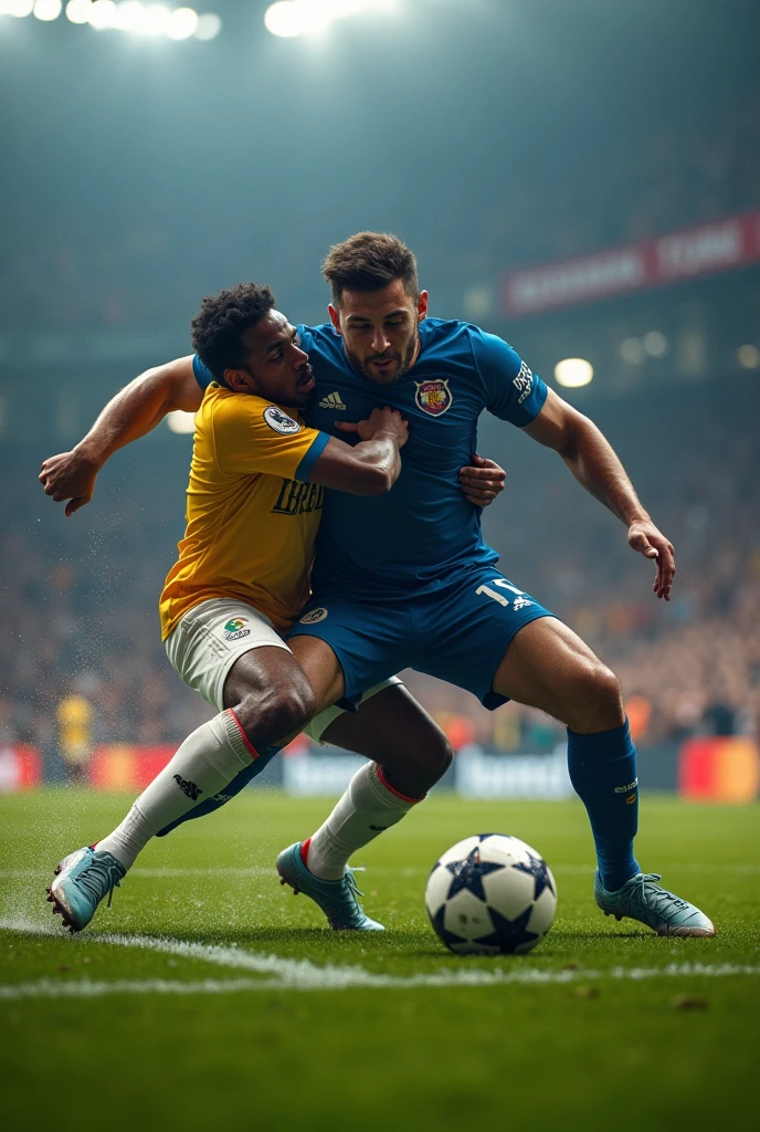 a fat guy giving a football tackle in the Champions League final to a skinny guy