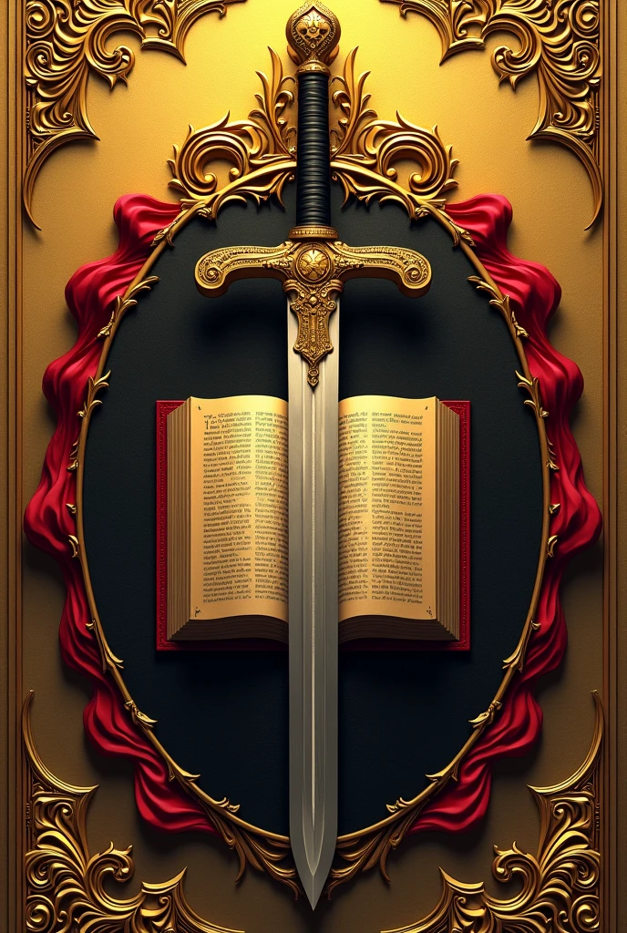 Create a coat of arms with the name Borges. With predominantly golden colors, red and black. The coat of arms must have an open bible with a sword over the bible 
