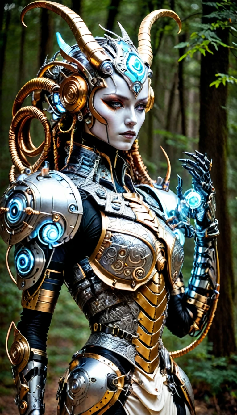 a close up of a person in a costume with a horned head, beautiful biomechanical djinn, porcelain cyborg armor, futuristic robot devil, detailed humanoid, cyberpunk robotic elvish queen, hyperdetailed fantasy character, beautiful robot character design, lolth, intricate cyborg armor, intricate cyberpunk armor, celtic and cyberpunk armor, ornate cyberpunk armor, black scales and cyborg tech