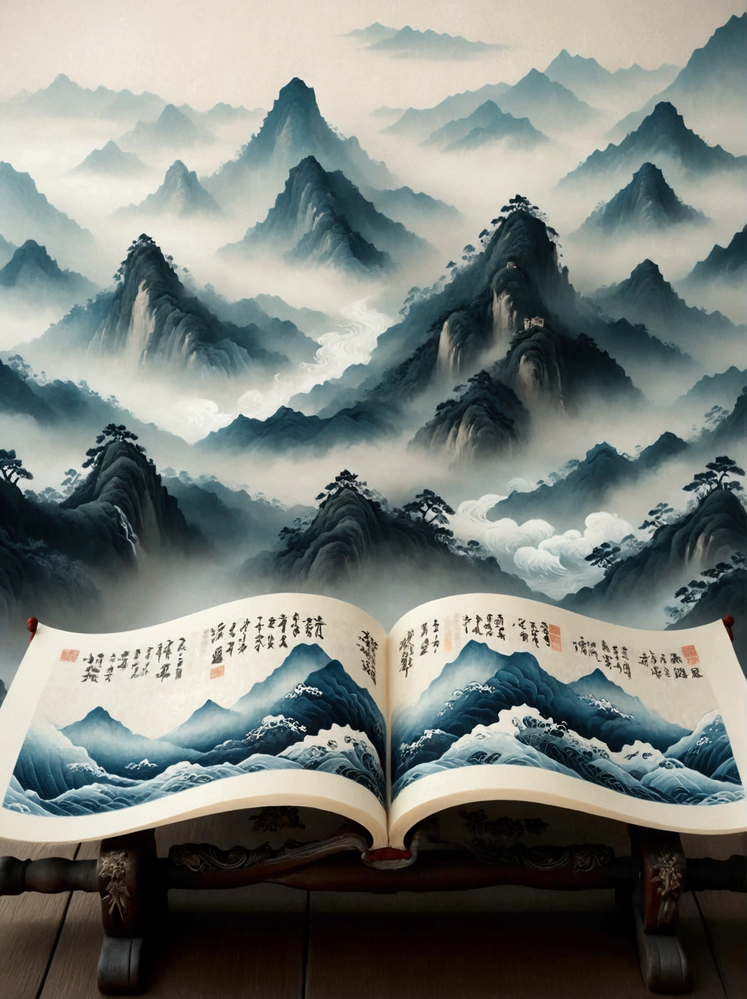 China-Chic style, felt material, an open scroll floating in the air, with some ancient characters on it. On the open scroll stand several ancient poets, with illustrations of mountains and rivers in the background. Featuring undulating mountains, silk, macro, high-definition surrealism, long waves, fresh and elegant customs, white and blue tones, macro perspective