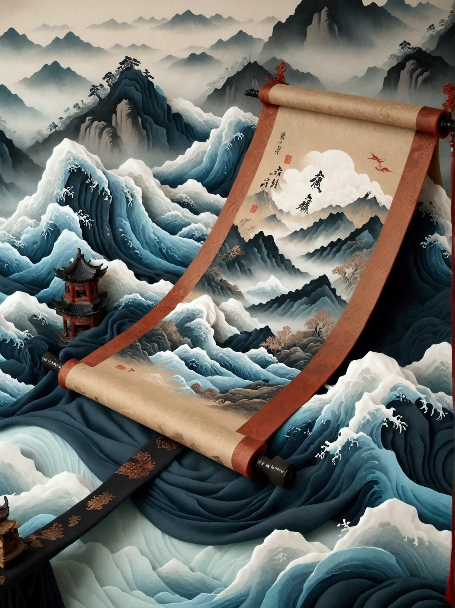 China-Chic style, felt material, an open scroll floating in the air, with some ancient characters on it. On the open scroll stand several ancient poets, with illustrations of mountains and rivers in the background. Featuring undulating mountains, silk, macro, high-definition surrealism, long waves, fresh and elegant customs, white and blue tones, macro perspective