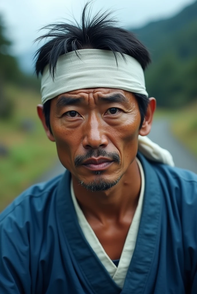 anime、Photographer's POV、Chest to head、looking at the camera、male、Around 30 years old、Square face、Round Nose、short hair、No bangs、Black Hair、Blue Jinbei、White headband、Deep in the mountains、Thirsty、Chest to head、I'm sweating a lot、Very tired
