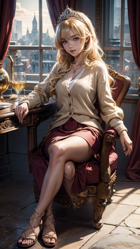 ultra detailed, high quality, best image, masterpiece, top resolution, HDR, pixar-style anime image of a princess with light blonde hair, wearing a tiara, a maroon cardigan, sitting on chair, cross legged, glass sandals