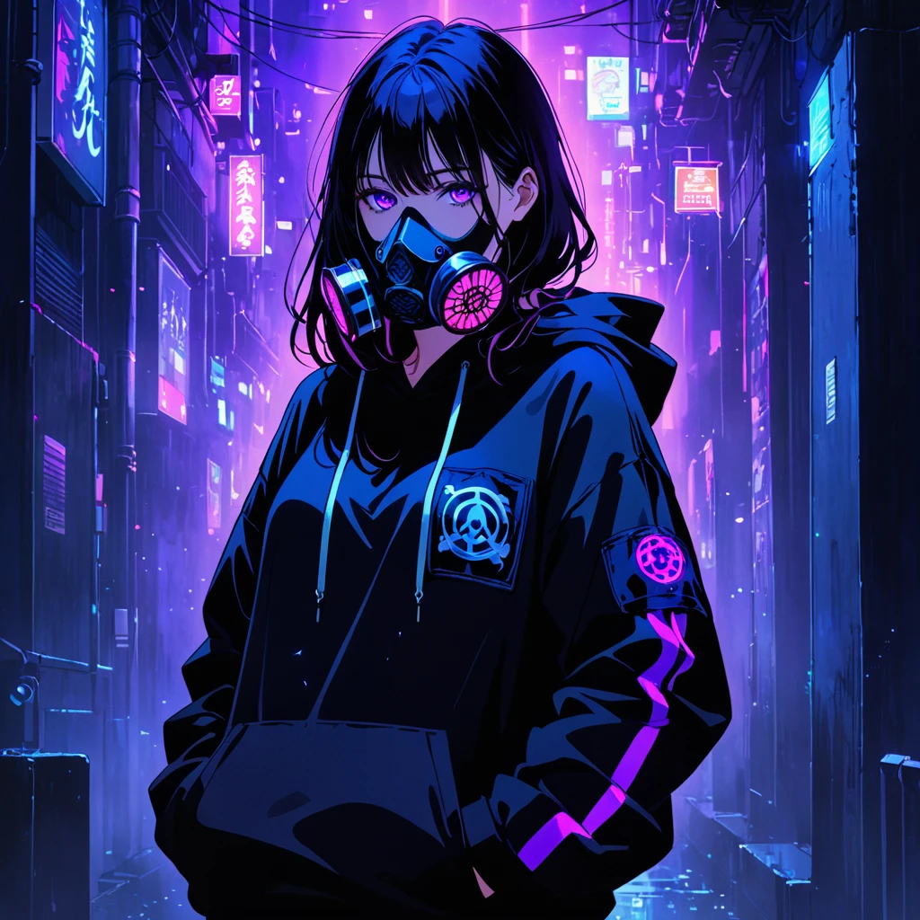 in a dark setting, a woman stands with her hands in her pockets, wearing an oversized hoodie and a gas mask. Her hoodie and sneakers have bright purple neon accents, providing a subtle glow in the darkness. The woman's face is partially obscured by the gas mask and the hoodie, adding a mysterious atmosphere. The style of the illustration is anime.
purpleeyes,
High resolution, masterpiece, accurate, bestquality, High detail, high quality, Very detailed, dark,longhair