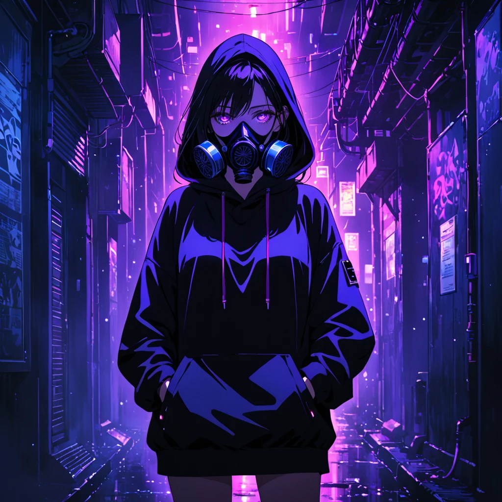 in a dark setting, a woman stands with her hands in her pockets, wearing an oversized hoodie and a gas mask. Her hoodie and sneakers have bright purple neon accents, providing a subtle glow in the darkness. The woman's face is partially obscured by the gas mask and the hoodie, adding a mysterious atmosphere. The style of the illustration is anime.
purpleeyes,
High resolution, masterpiece, accurate, bestquality, High detail, high quality, Very detailed, dark,longhair