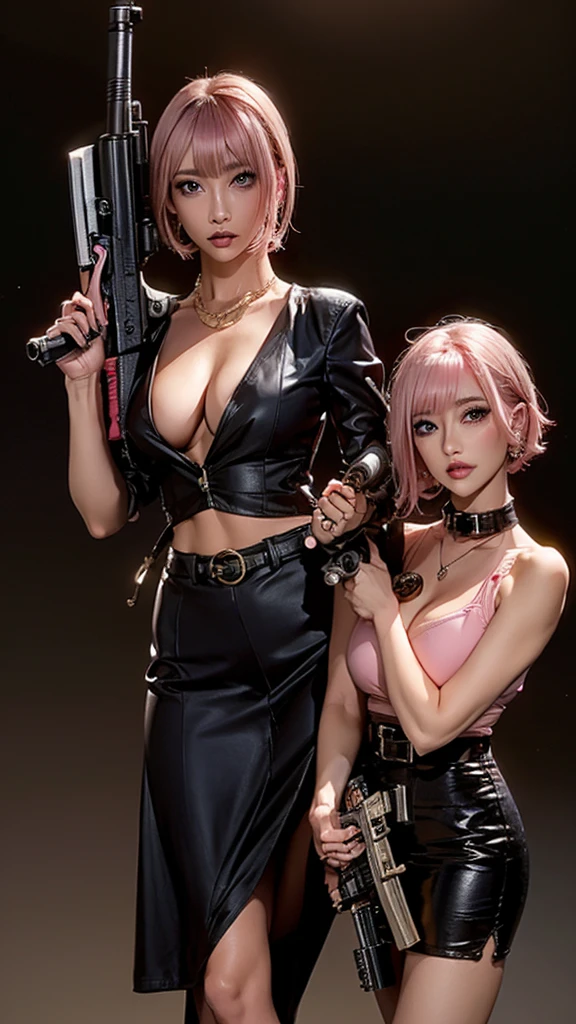 (Highest quality), Realistic, (live-action),(Short Hair,Sharp bangs)Showing off your crotch,Highest quality,Highest quality,8k images,Pink Hair,High heels,Small face,((Big Breasts))Leg spread、1 gun,(((Holding a gun,Hold the gun you have:1.4))),Highest quality32K