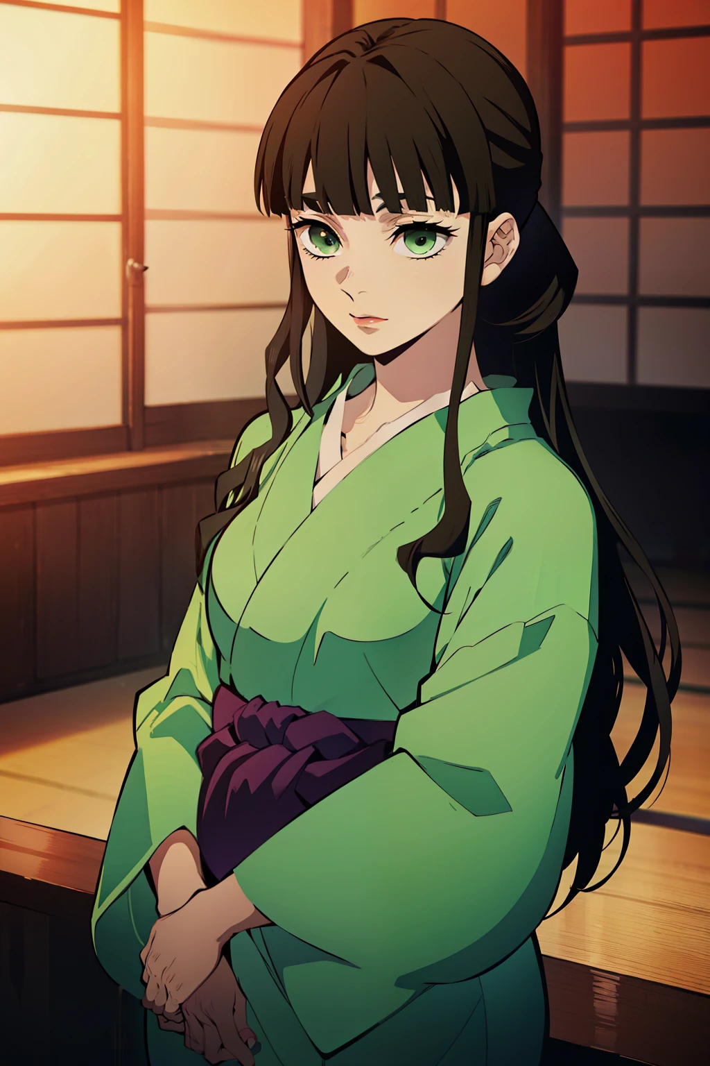 Adult woman, High, black hair, Loose straight hair,, hairlong, big breastes, black kimono, , narrow eyes, green colored eyes, small nose, red-lips, ssmile, tube in hand