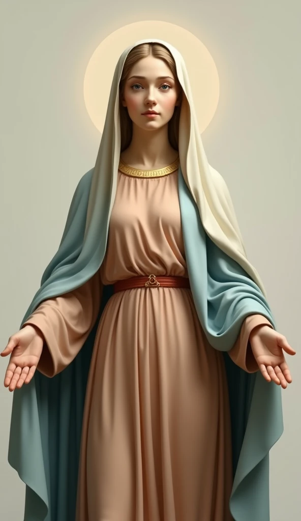 Beautiful young Virgin Mary with open arms looking down at the camera、Reddish beige tunic、Light blue cloak and veil、A look of compassion