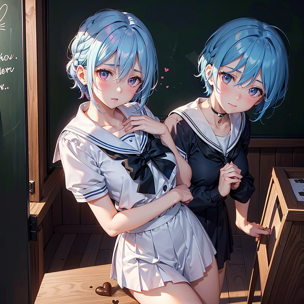 Sky blue hair,Braided short hair,Pink Eyes,Fair skin,whole body,one person,Embarrassed,The background is a school classroom,((I love you lettering on a blackboard)),(Heart-shaped chocolate),((Hands it forward with both hands:1.2)),Sailor suit,valentineday,masterpiece, Highest quality, Very detailed, Best Shadow,Detailed Background,Beautifully detailed face,High Contrast,Best lighting,Very delicate and beautiful,Cinematic Light,Hyper Detail,8k,Dramatic Light, Intricate details,