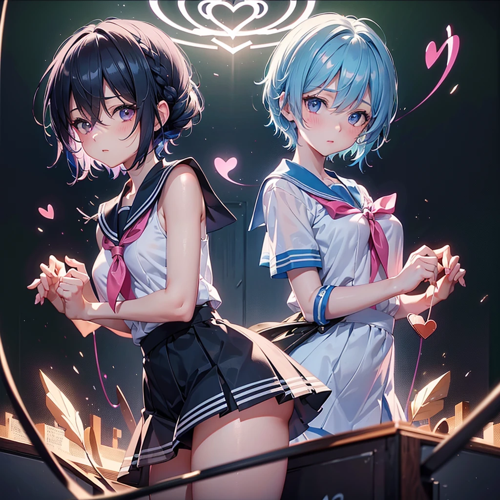 Sky blue hair,Braided short hair,Pink Eyes,Fair skin,whole body,one person,Embarrassed,The background is a school classroom,((I love you lettering on a blackboard)),(Heart-shaped chocolate),((Hands it forward with both hands:1.2)),Sailor suit,valentineday,masterpiece, Highest quality, Very detailed, Best Shadow,Detailed Background,Beautifully detailed face,High Contrast,Best lighting,Very delicate and beautiful,Cinematic Light,Hyper Detail,8k,Dramatic Light, Intricate details,