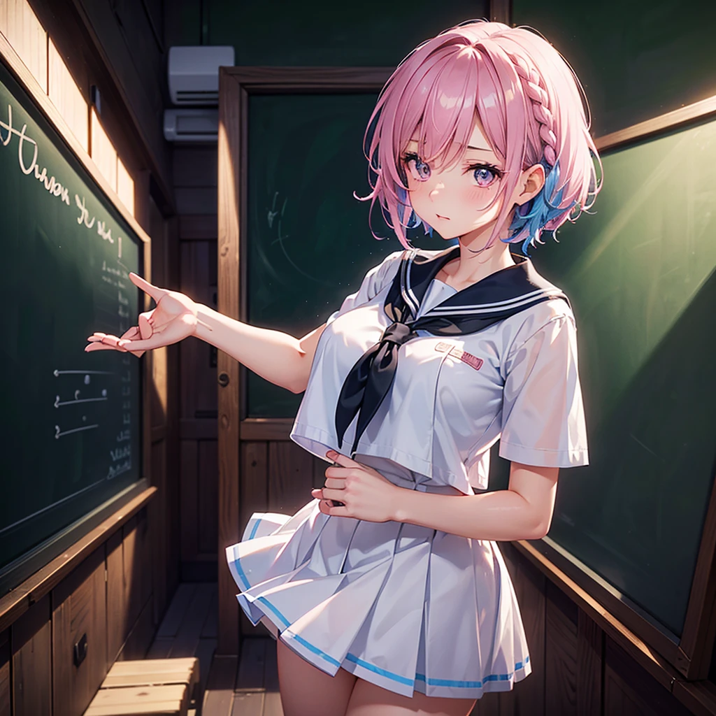 Sky blue hair,Braided short hair,Pink Eyes,Fair skin,whole body,one person,Embarrassed,The background is a school classroom,((I love you lettering on a blackboard)),(Heart-shaped chocolate),((Hands it forward with both hands:1.2)),Sailor suit,valentineday,masterpiece, Highest quality, Very detailed, Best Shadow,Detailed Background,Beautifully detailed face,High Contrast,Best lighting,Very delicate and beautiful,Cinematic Light,Hyper Detail,8k,Dramatic Light, Intricate details,
