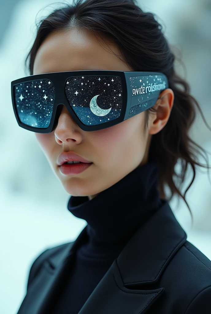 The model is wearing glass sunglasses with stars and the moon on the glass