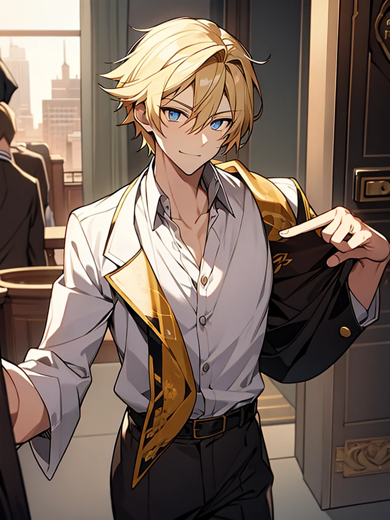 A boy, blond, with vibrant amber eyes, having a thin beard, a sarcastic smiling woman, wearing clothes, having a somewhat formal style exotic and creative anime. he is moving a coin. Elegant and at the same time a con artist. His setting is that he is in an old anime style city.