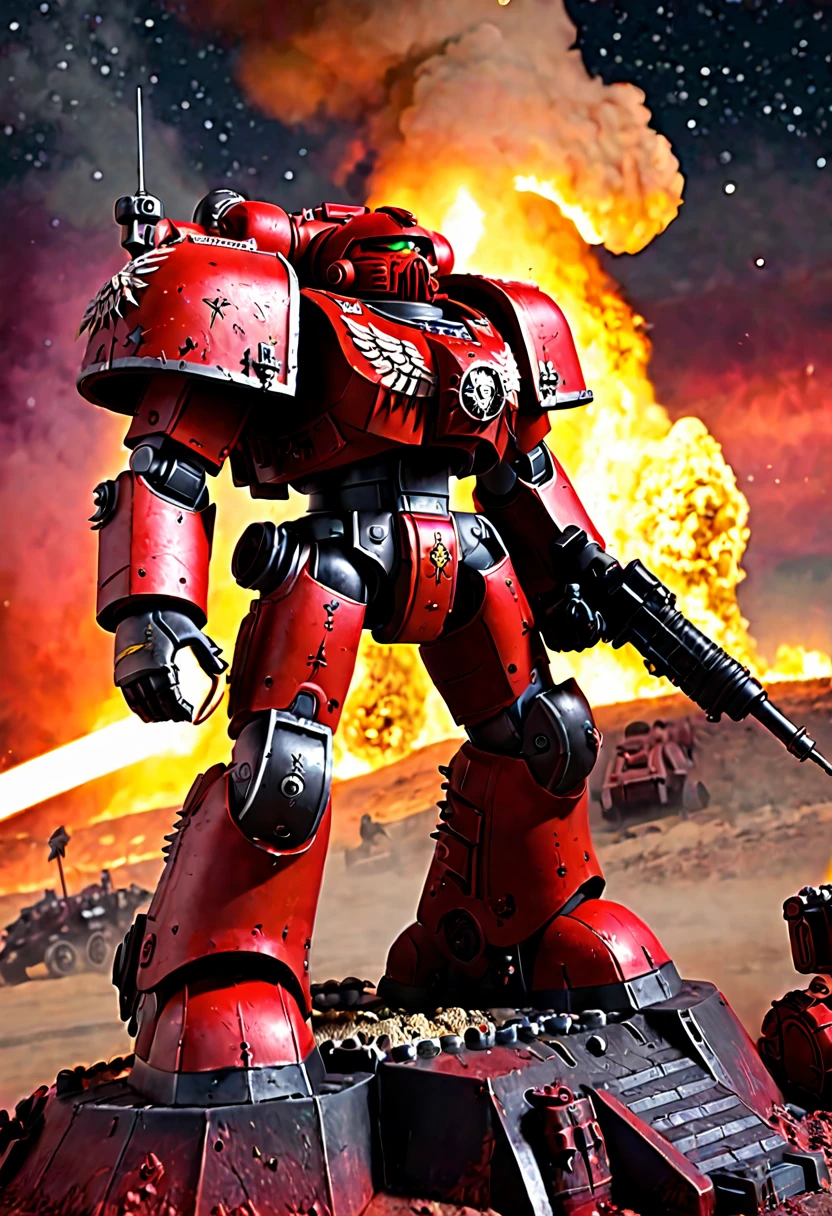 warhammer 40k, blood angel dreadnought, multi melta and flamer, raising hell on a barren battlefield, night sky lit by battle