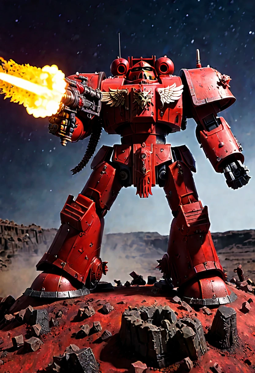 warhammer 40k, blood angel dreadnought, multi melta and flamer, raising hell on a barren battlefield, night sky lit by battle