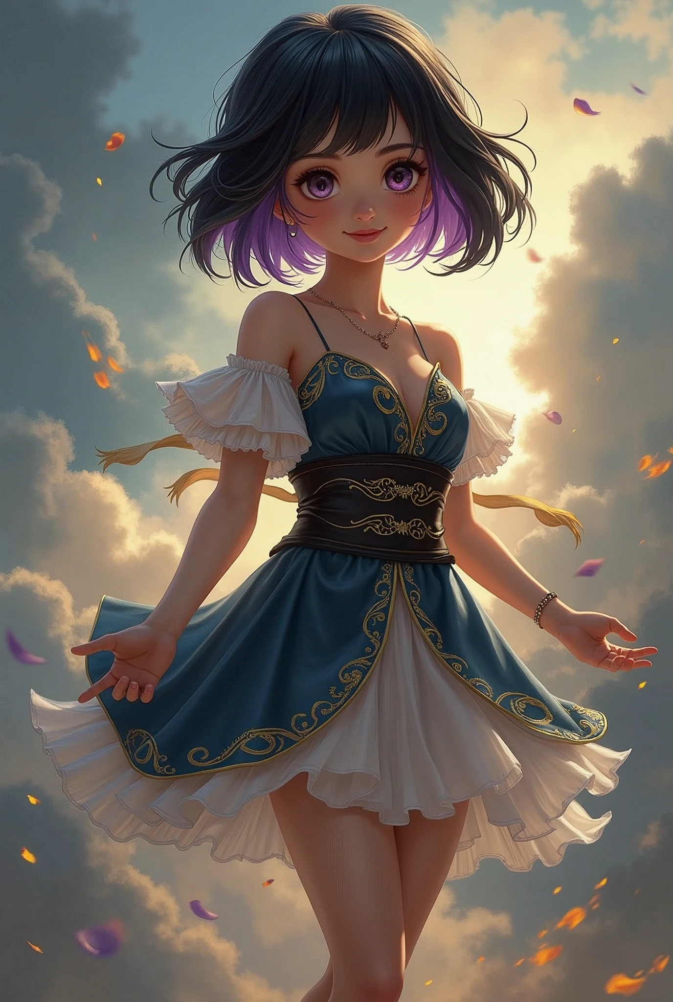 work of art, best qualityer, 1 tall 17 year old girl, ((short black hair with purple highlights)), smiling, looking ahead at viewer, (((small seios small))), feliz e smiling, black silk sash and gold details, skinny fitness girl, Perfectly symmetrical body, perfect hands, floating in mid - air, levitation, ((powers of nature earth fire water and wind mixed together))