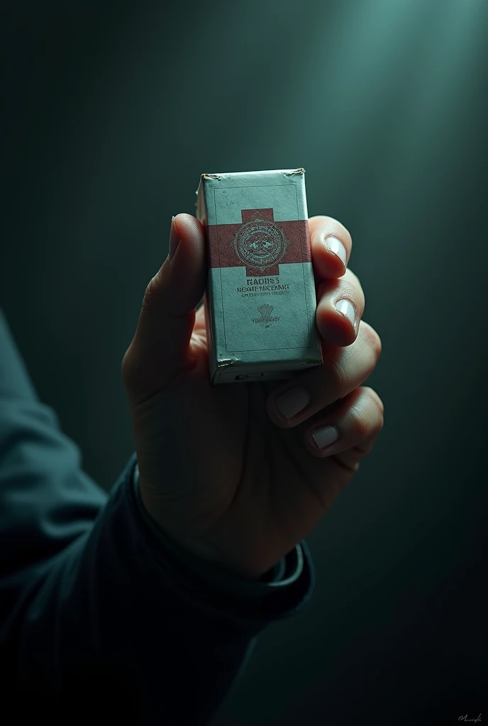 A hand holding a medicine box an action movie cover